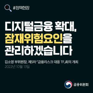 디지털금융 확대, 잠재위험요인을 관리하겠습니다. 김소영 부위원장, 제5차 「금융리스크 대응 TF」 회의 개최. 2022년 10월 13일