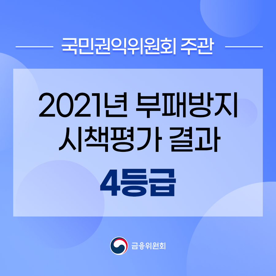국민권익위원회 주관 2021년 부패방지 시책평가 결과 4등급. 금융위원회